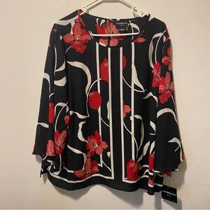 Liz Claiborne Black Floral Long-Sleeve Blouse - Red/White Print PXXL Womens